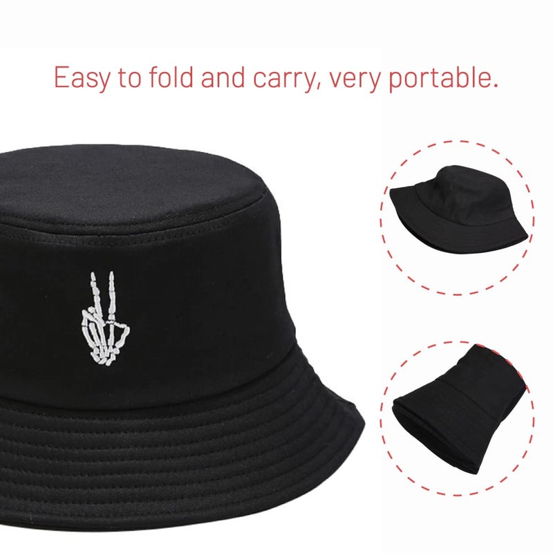 Gadfary Cotton Bucket Hat for Women Men Summer Travel Sun Beach Bucket Cap, Unisex Outdoor Fisherman Hat (Skeleton Fingers Black) - Image 3