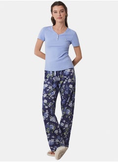 women'secret Cotton Ribbed Pajamas With Blue Flowers  - Image 1