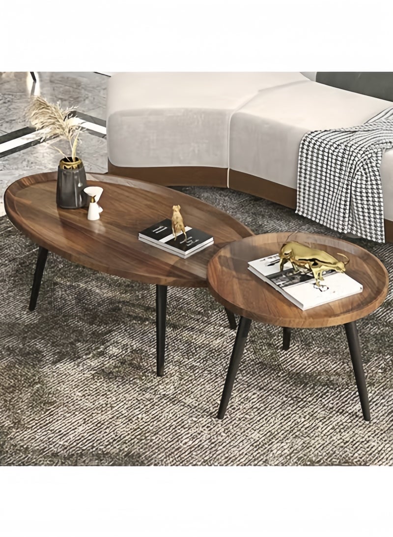 GGEROU Oval Nesting Coffee Table Set of 2, Round End Tables with Fluted, Creative Wooden Sofa Side TablesModern Center Table for Living Room Bedroom Office Balcony(Walnut) - Image 1