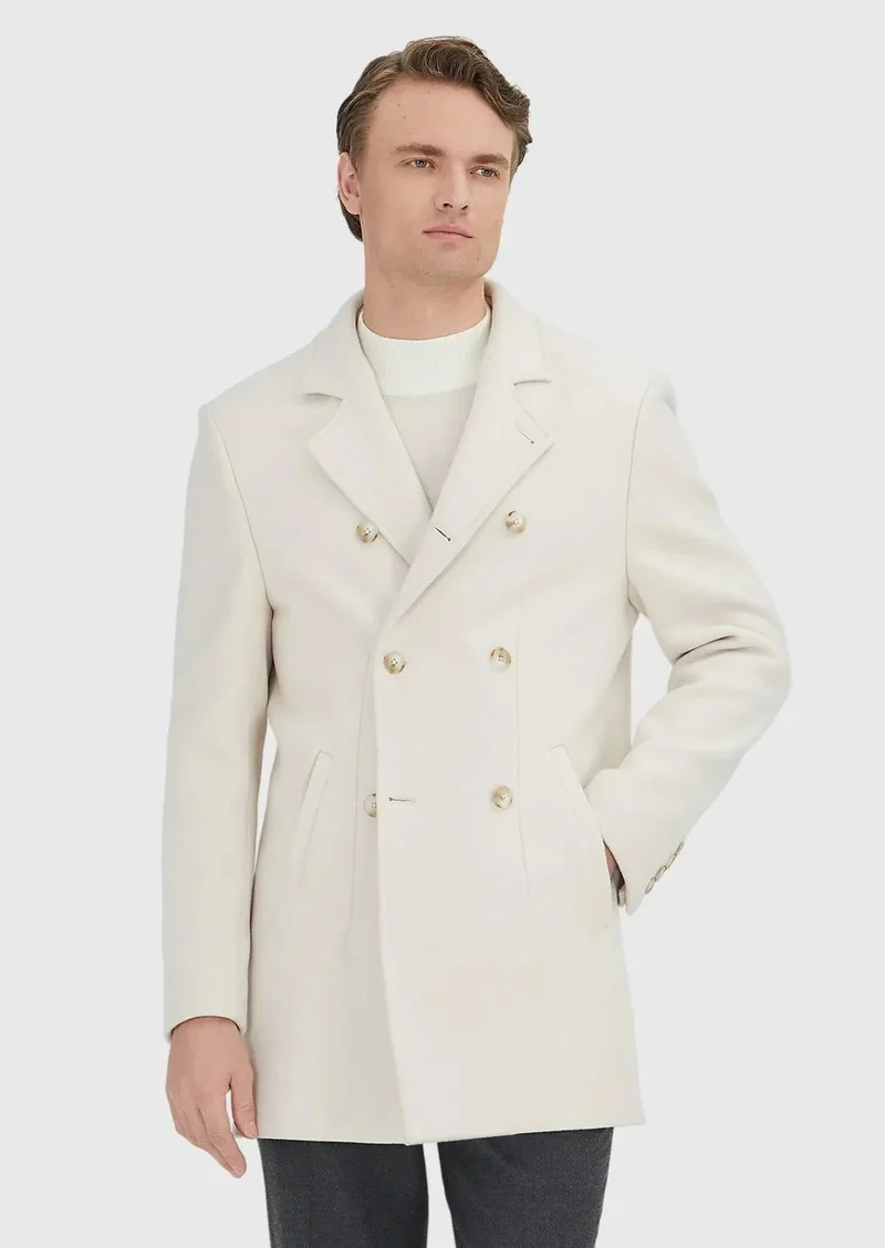 RAMSEY Ecru Regular Fit Double Breasted Collar Casual Weaving Coat