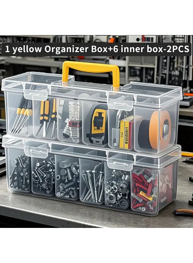 2 Pcs Yellow Transparent Tool Storage Box With 6 Compartments For Home Repair Workshop - Image 1