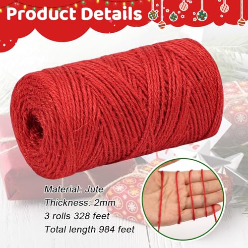 Vivifying Christmas Twine, 328 Feet x 3 Rolls 2mm Red Green Brown Jute Twine for Gift Wrapping and DIY Crafts, Natural Colorful Garden String for Climbing Plants - Image 2