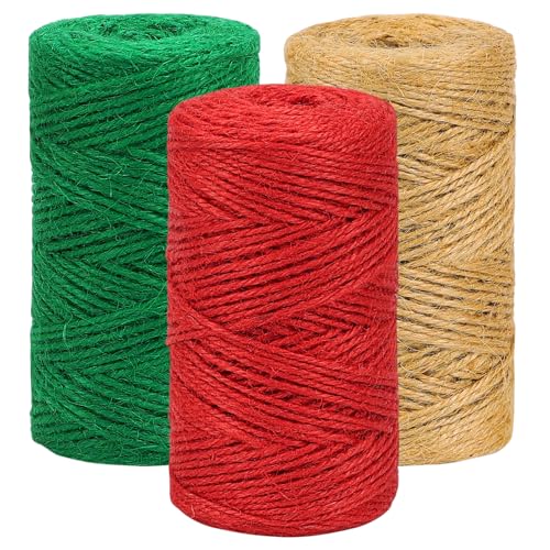 Vivifying Christmas Twine, 328 Feet x 3 Rolls 2mm Red Green Brown Jute Twine for Gift Wrapping and DIY Crafts, Natural Colorful Garden String for Climbing Plants - Image 1