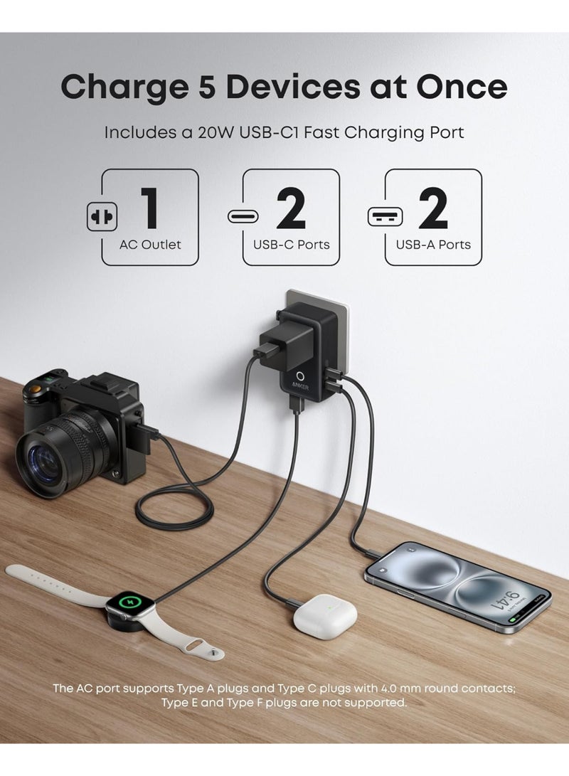 أنكر Anker Nano Travel Adapter, 5-Port Power Adapter with 1 AC, 2 USB-A, and 2 USB-C Ports, Smart Temperature Control, Compatible with Over 200 Countries, Ideal for Travel (1-Pack) black - Image 3