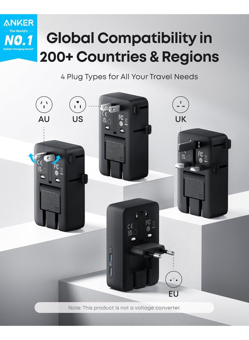 أنكر Anker Nano Travel Adapter, 5-Port Power Adapter with 1 AC, 2 USB-A, and 2 USB-C Ports, Smart Temperature Control, Compatible with Over 200 Countries, Ideal for Travel (1-Pack) black - Image 2