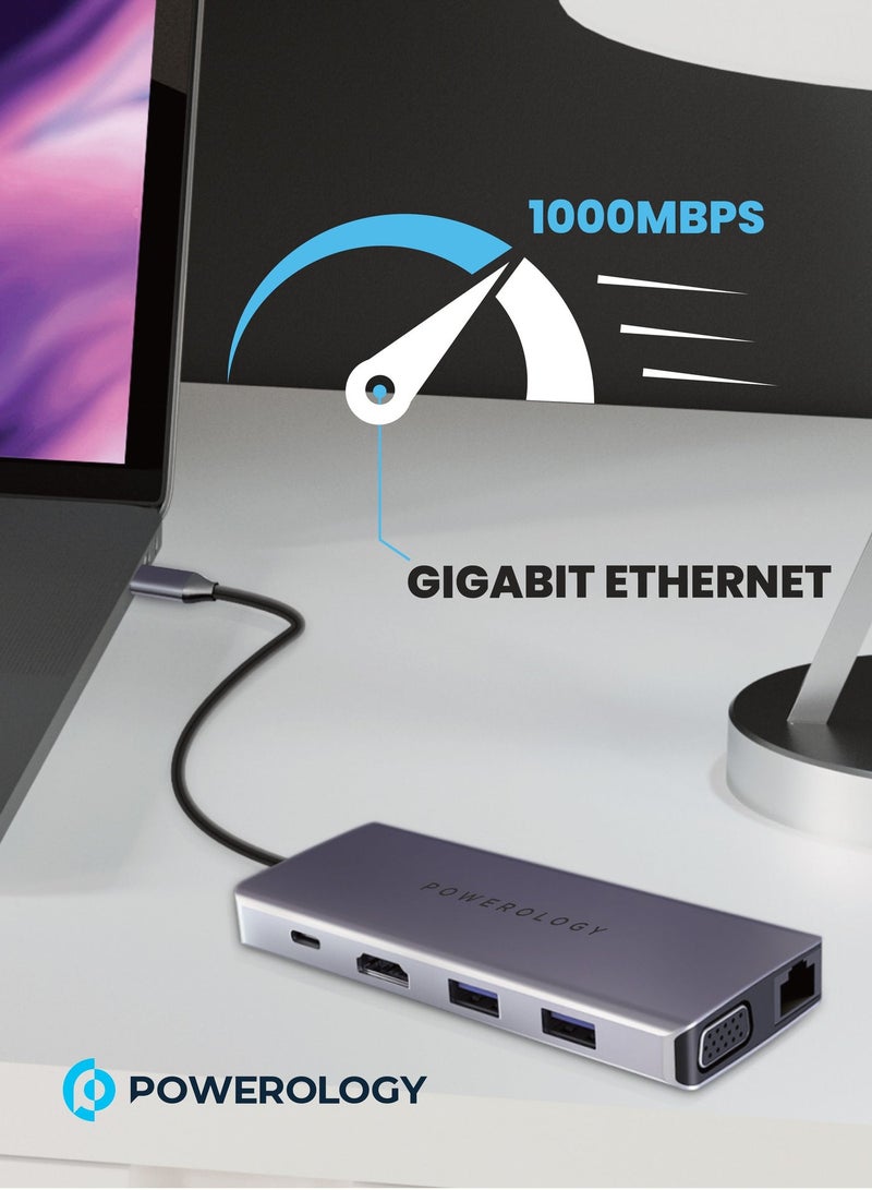 باورولوجي موزع USB-C متعدد الوظائف (11 في 1) مزود بمنفذ إيثرنت، ومنفذ HDMI (4K)، ومنفذ VGA، وشحن سريع بقوة 60 واط، ومنافذ USB ، وقارئ بطاقات SD/Micro SD، ومنفذ إيثرنت بسرعة 1000 ميجابت في الثانية، ومنفذ AUX مقاس 3.5 ملم - متوافق مع MacBook Pro وDell XPS وMicrosoft Surface وغيرها - Image 5