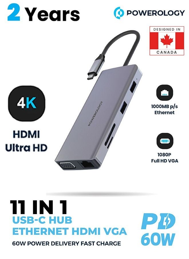 Powerology - USB C Hub 11 in 1 VGA Ethernet HDMI Support Compatible With Macbook Pro Dell XPS 13 & 15 Microsoft Surface Book Asus Chromebook and Zenbook Pro and More - Image 1