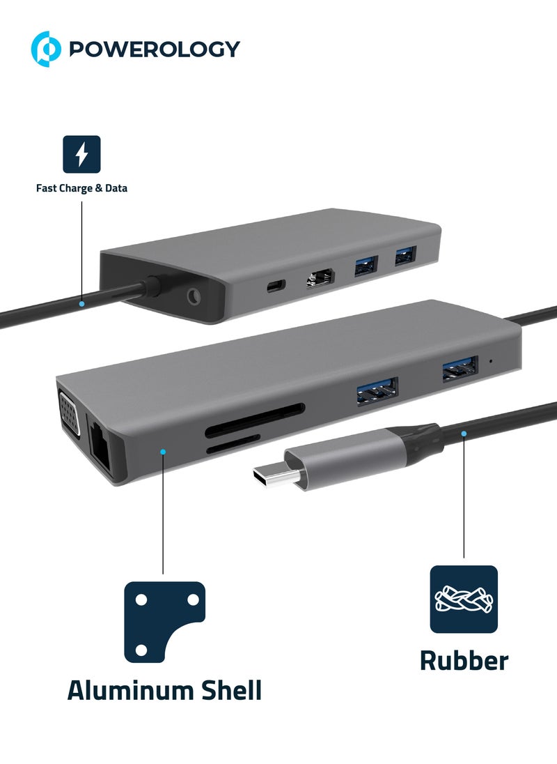 Powerology - USB C Hub 11 in 1 VGA Ethernet HDMI Support Compatible With Macbook Pro Dell XPS 13 & 15 Microsoft Surface Book Asus Chromebook and Zenbook Pro and More - Image 1