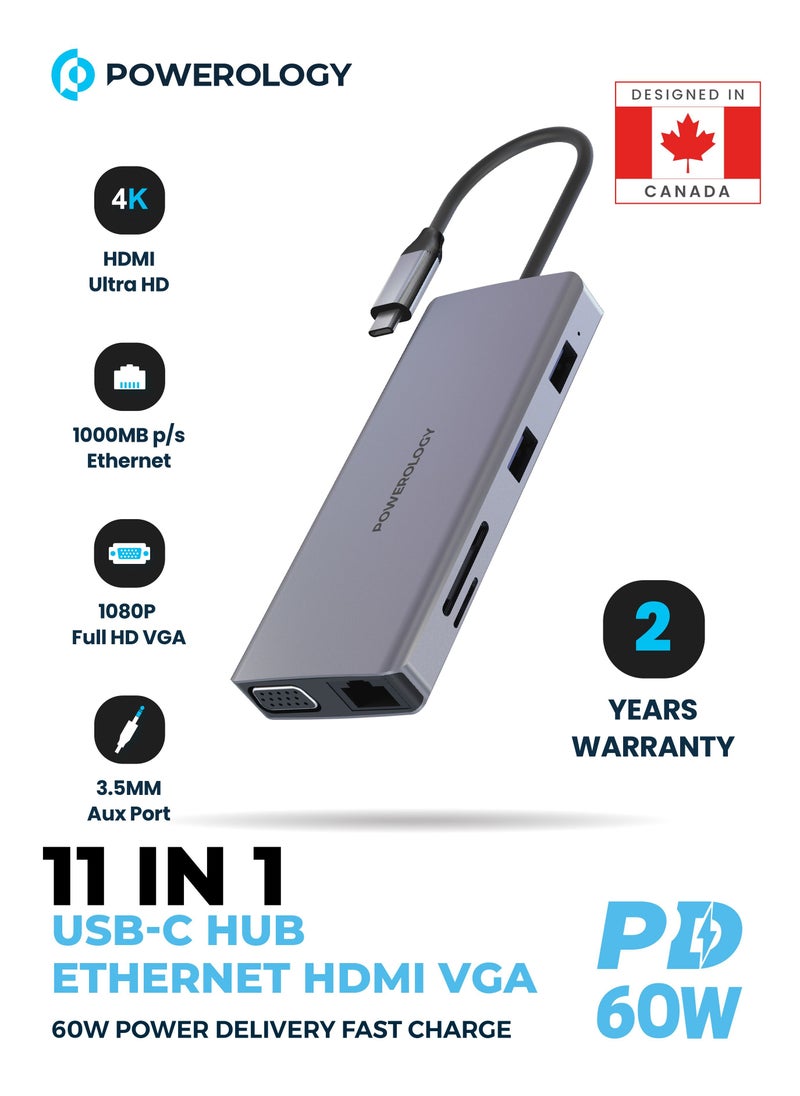 Powerology - USB C Hub 11 in 1 VGA Ethernet HDMI Support Compatible With Macbook Pro Dell XPS 13 & 15 Microsoft Surface Book Asus Chromebook and Zenbook Pro and More - Image 1