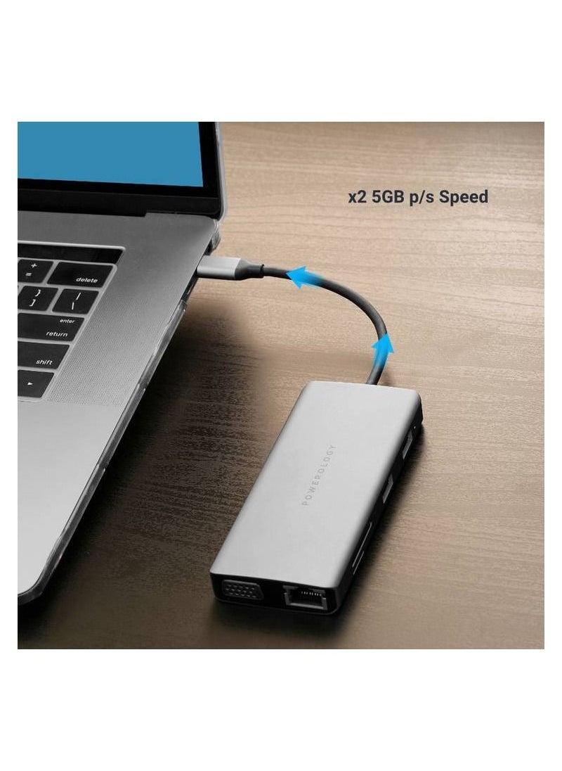 Powerology - USB C Hub 11 in 1 VGA Ethernet HDMI Support Compatible With Macbook Pro Dell XPS 13 & 15 Microsoft Surface Book Asus Chromebook and Zenbook Pro and More - Image 1