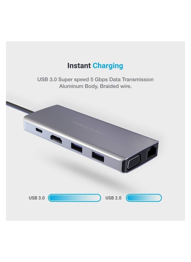 Powerology - USB C Hub 11 in 1 VGA Ethernet HDMI Support Compatible With Macbook Pro Dell XPS 13 & 15 Microsoft Surface Book Asus Chromebook and Zenbook Pro and More - Image 1