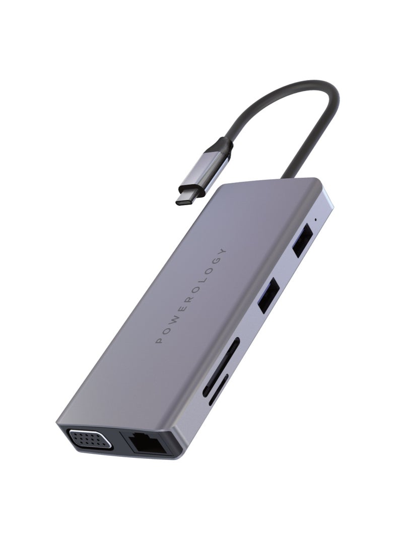 Powerology 11-in-1 USB-C Hub with Ethernet, HDMI (4K), VGA, 60W Fast Charge, USB Ports, SD/Micro SD Card Reader, 1000MB Ethernet, 3.5mm AUX – Compatible with MacBook Pro, Dell XPS, Microsoft Surface & More - Image 1