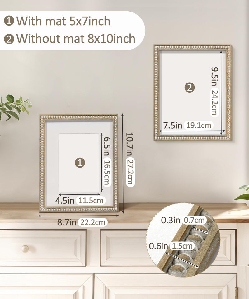 SUMGAR 8x10 Picture Frame Boho 5x7 Photo Frame with Mat Farmhouse White Wood Shabby Chic Wall Mounted Display for Birthday Wedding Friend Gifts for Christmas with Distressed Decorative Pine Beads - Image 3
