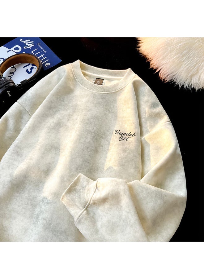 Vuug Tie-dye Distressed Crewneck Sweatshirt Men Spring Autumn American Streetwear Casual Base Shirt Beige 2XL - Image 1