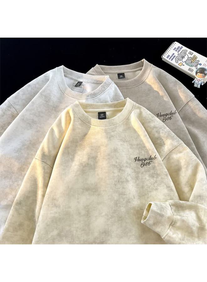 Vuug Tie-dye Distressed Crewneck Sweatshirt Men Spring Autumn American Streetwear Casual Base Shirt Beige 2XL - Image 2