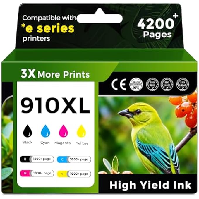 910XL INK CARTRIDGES COMBO PACK REPLACEMENT FOR HP 910 BLACK AND 910XL COLOR INK CARTRIDGES HP910 XL HP910XL FOR 8015E 8025E 8022E 8028E 8035E 8020 8035 8028 8025 PRINTER(BK/C/M/Y,4 PACK) - Image 2