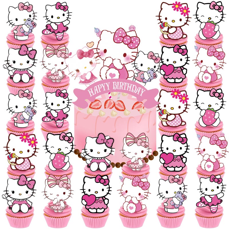 25pcs Cupcake Toppers with 1 Happy Birthday Cake Topper, Cute Anime Hello Pink Cat Themed Party Supplies, Perfect for Birthday Party Decorations (Style A)