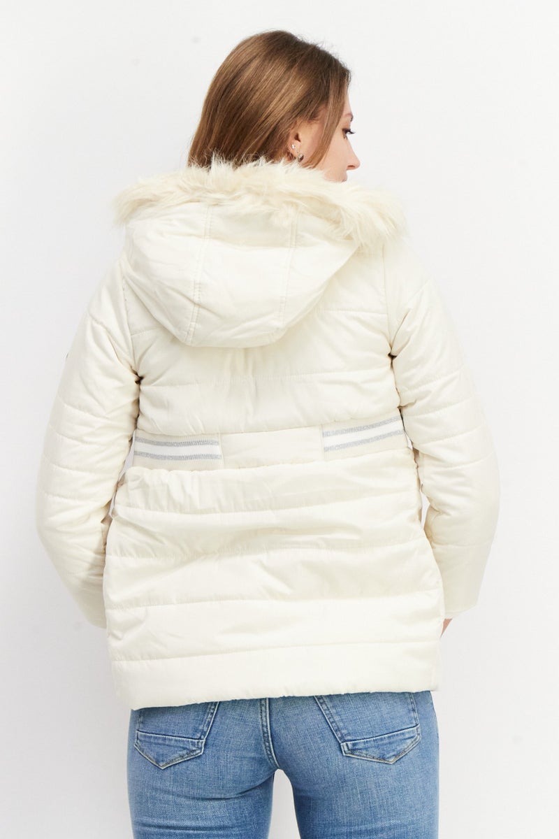 BCBG Girls Women Solid Faux Fur Hooded Quilted Jacket, Cream - Image 2
