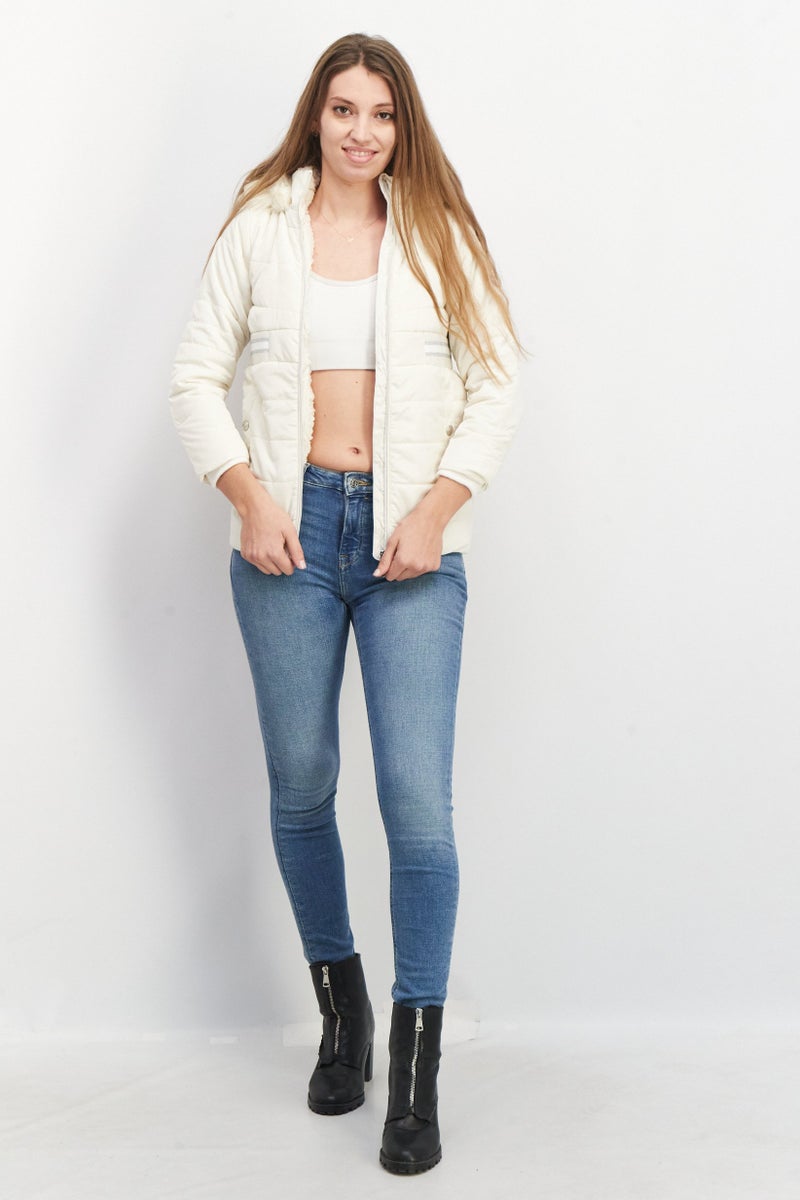 BCBG Girls Women Solid Faux Fur Hooded Quilted Jacket, Cream - Image 3