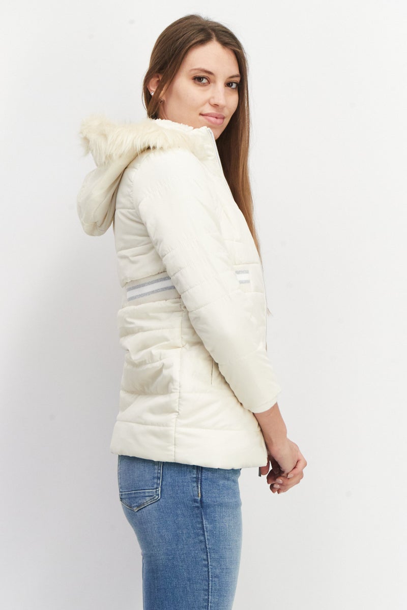 BCBG Girls Women Solid Faux Fur Hooded Quilted Jacket, Cream - Image 4
