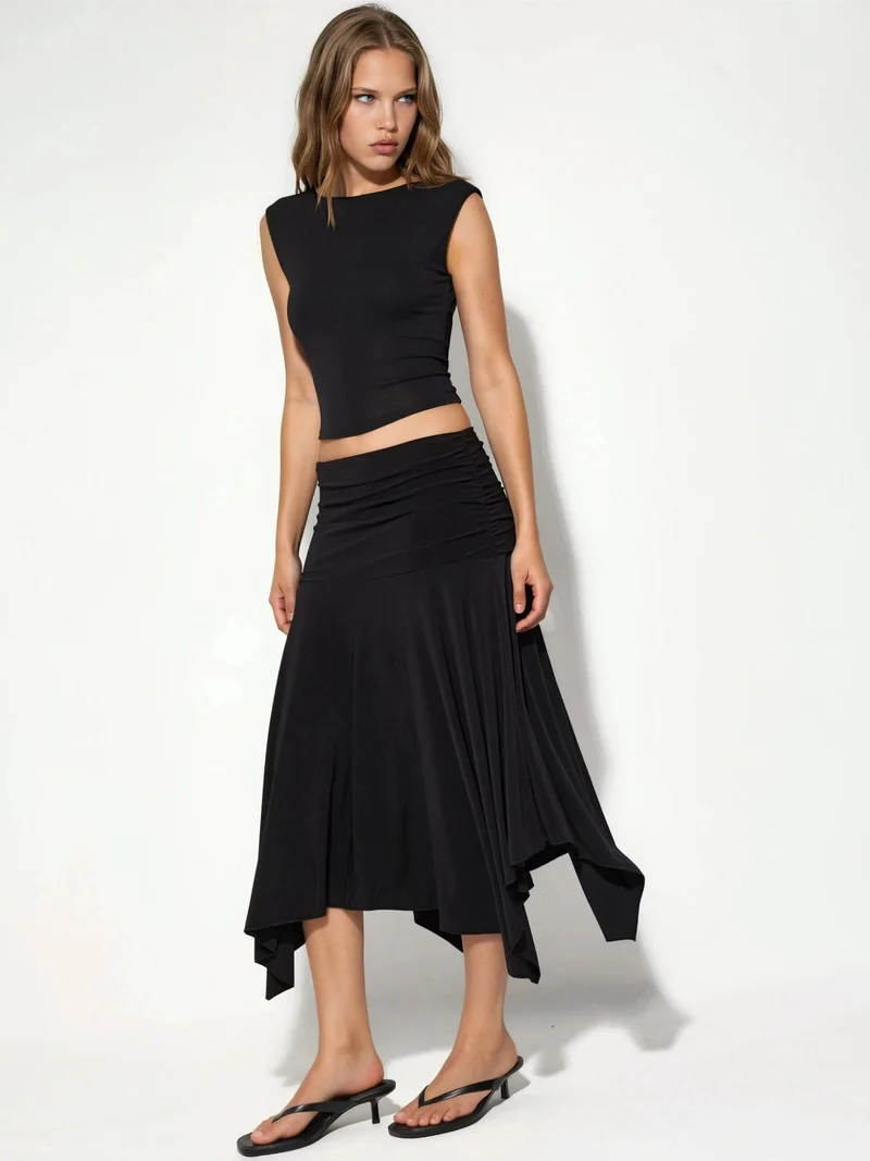 بوسيم BUSEM Asymmetrical Midi Skirt with Drape Detail