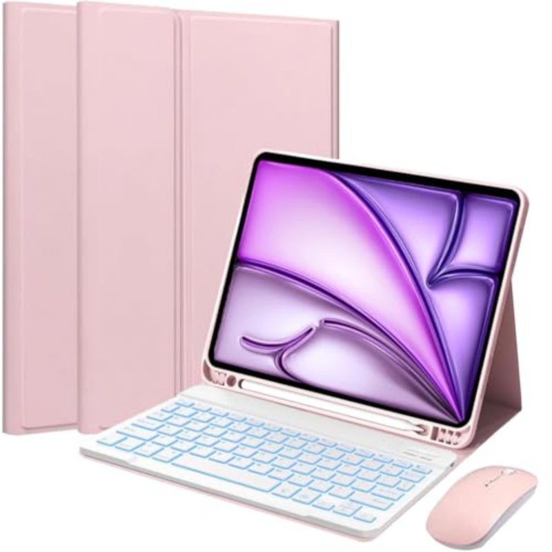حافظة لوحة مفاتيح قابلة للفصل بإضاءة خلفية بـ 7 ألوان مع ماوس لجهاز iPad Air 11 M2 2024/M3 2025/M4 2026، حافظة لوحة مفاتيح مغناطيسية لجهاز iPad Air 4/5th Gen مع فتحة قلم، زوايا قابلة للتعديل، وردي - Image 1