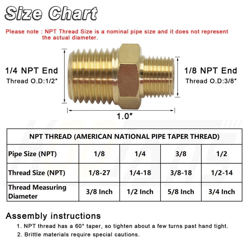 KOOTANS 1/4 NPT x 1/8 NPT Male Solid Brass Nipples, Heavy Brass Pipe Adapter Fittings Hex Reducing Nipples Connectors 4Pieces - Image 2