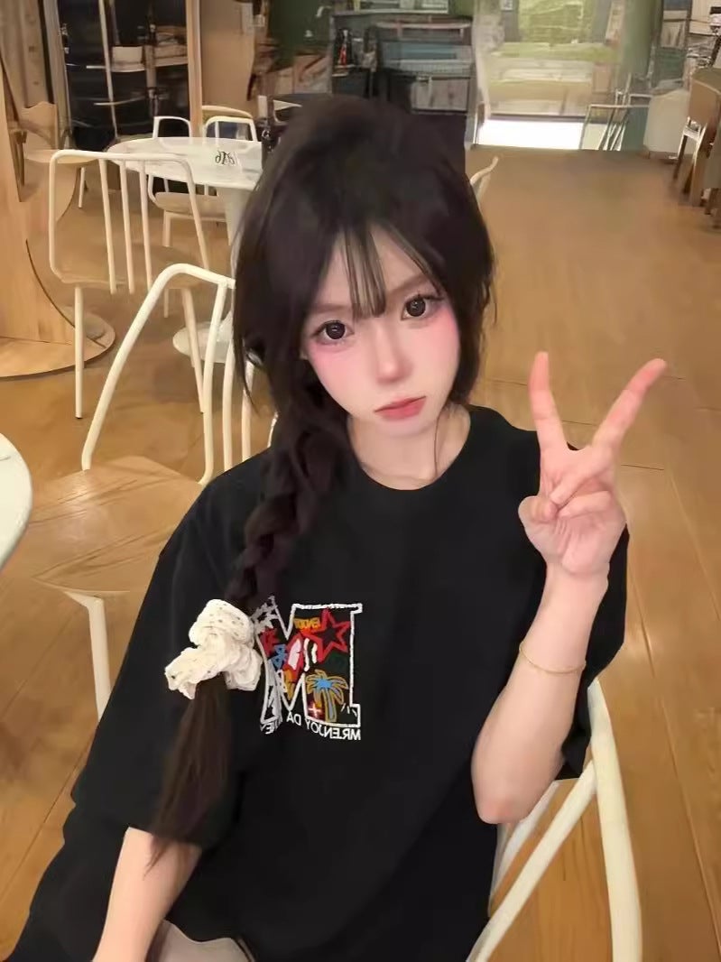 American-Style High Street Embroidered Five-Pointed Star Short-Sleeved T-Shirt Women'S Summer Popular Fashion Brand Couple'S All-Match Top - Image 2