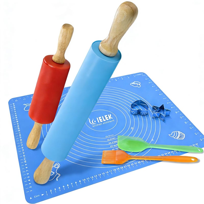 NonStick Rolling Pin Silicone Basting Pastry Mat Spatula Brushes SetCombo Kit of Large and Small Dough Rollers and 2 Stainless Steel Cookie Cutters for Baking