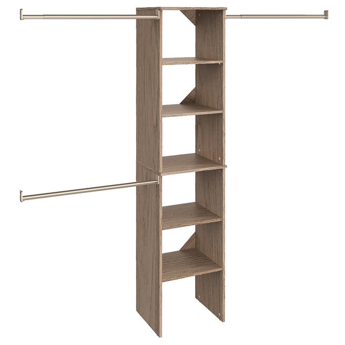 SUITESYMPHONY WOOD CLOSET ORGANIZER STARTER KIT WITH TOWER AND 3 HANG RODS SHELVES ADJUSTABLE FITS SPACES 4 9 FT WIDE NATURAL GRAY 16
