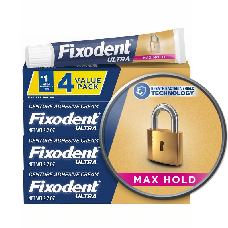 Fixodent Ultra Max Hold Secure Denture Adhesive Cream for Full and Partial Denture Wearers, 2.2oz (Pack of 4) - Image 1
