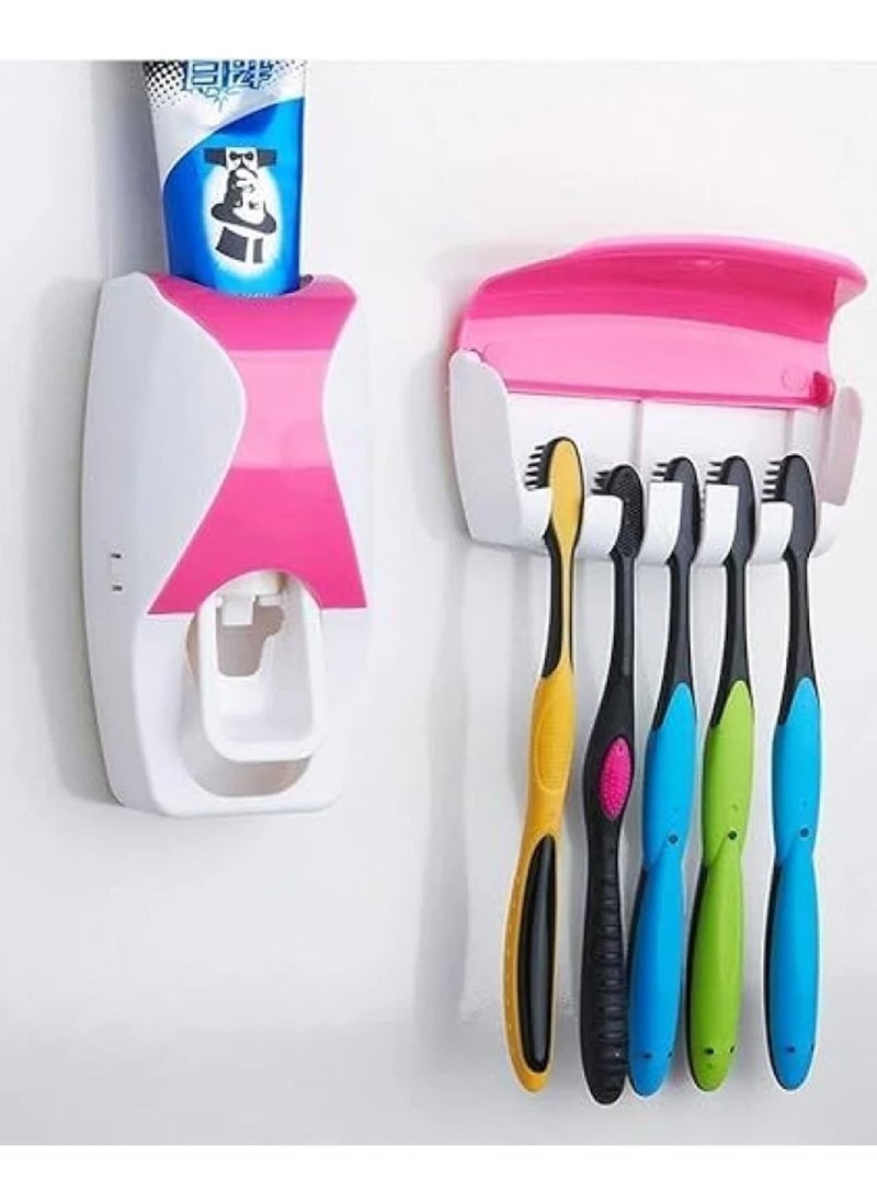 LIMITLESS Toothbrush Holder with Cover Bathroom Storage Stand Toothpaste Dispenser Squeezer Kit Dust-Proof Wall Mounted Tooth Brush Holder Set Automatic Auto Toothpaste Dispenser (Pink)  - Image 1