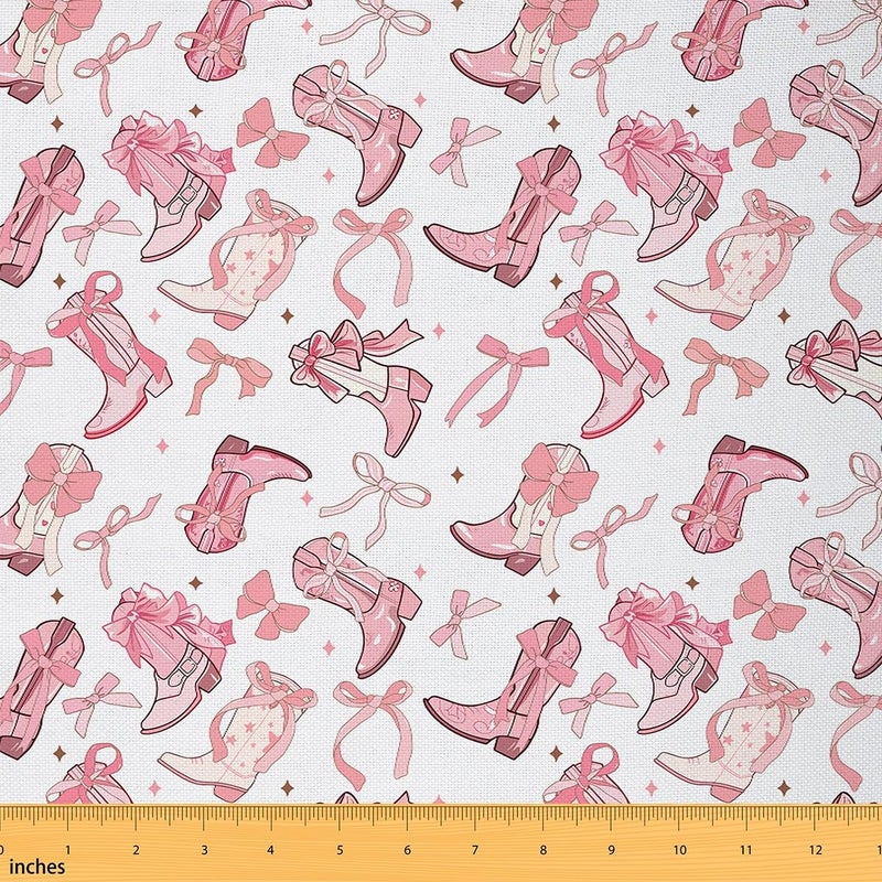 Man Fei Cowgirl Decorative Fabric by The Yard,Western Cowboy Boots Pink Bowknot Fabric for Upholstery and Home DIY Projects,Dreamy Fairy Tale Princess Starry Pink White Outdoor Fabric,1 Yard - Image 1