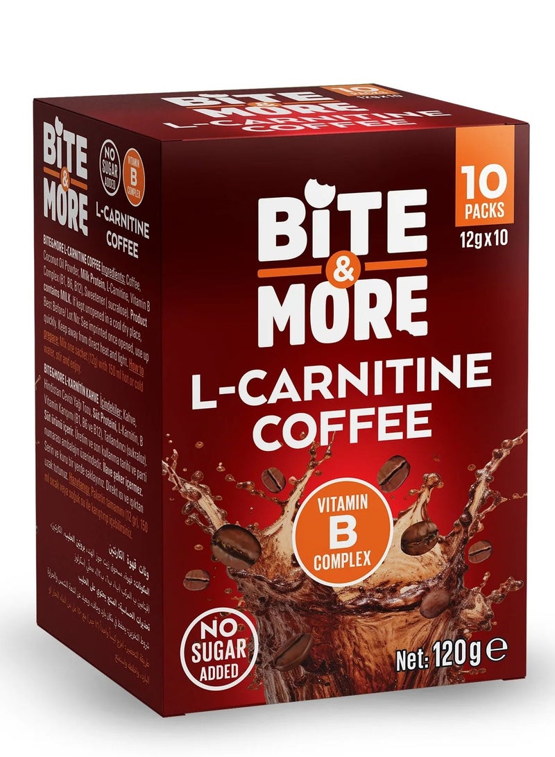 Bite & More L-Carnitine Coffee Sachets, with B Vitamins, Coconut Oil & Protein, No Added Sugar, 12g per Sachet, Pack of 10 - Image 1