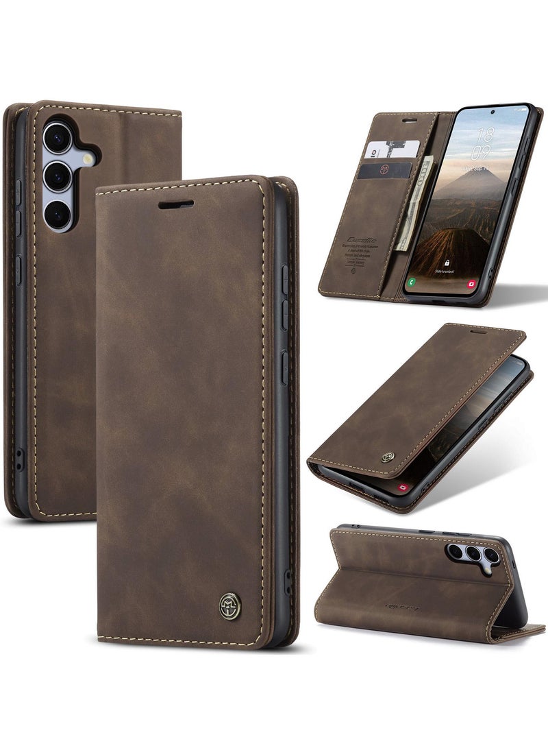 CaseMe Samsung Galaxy S25 Wallet Case Book Folding Flip Folio Case with Magnetic Kickstand Card Slots Protective Cover - Coffee - Image 1