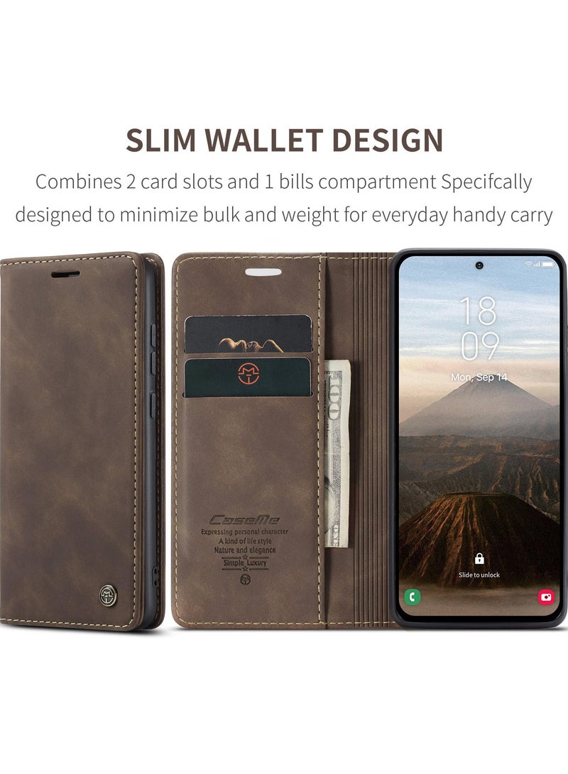 CaseMe Samsung Galaxy S25 Wallet Case Book Folding Flip Folio Case with Magnetic Kickstand Card Slots Protective Cover - Coffee - Image 2