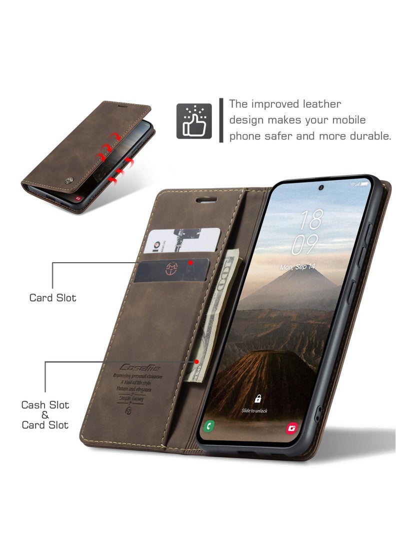 CaseMe Samsung Galaxy S25 Wallet Case Book Folding Flip Folio Case with Magnetic Kickstand Card Slots Protective Cover - Coffee - Image 3