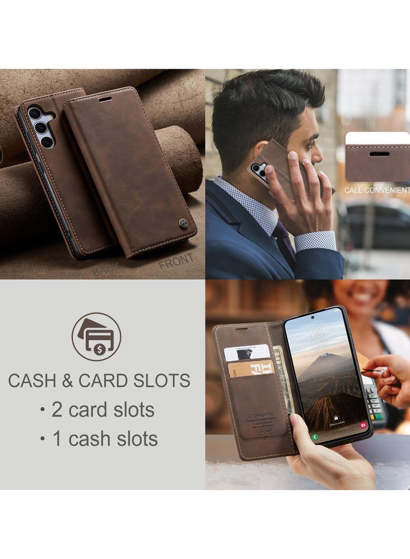 CaseMe Samsung Galaxy S25 Wallet Case Book Folding Flip Folio Case with Magnetic Kickstand Card Slots Protective Cover - Coffee - Image 4