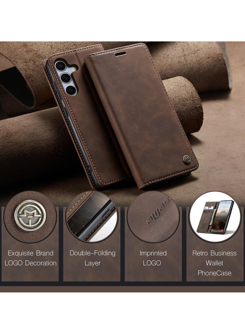 CaseMe Samsung Galaxy S25 Wallet Case Book Folding Flip Folio Case with Magnetic Kickstand Card Slots Protective Cover - Coffee - Image 5