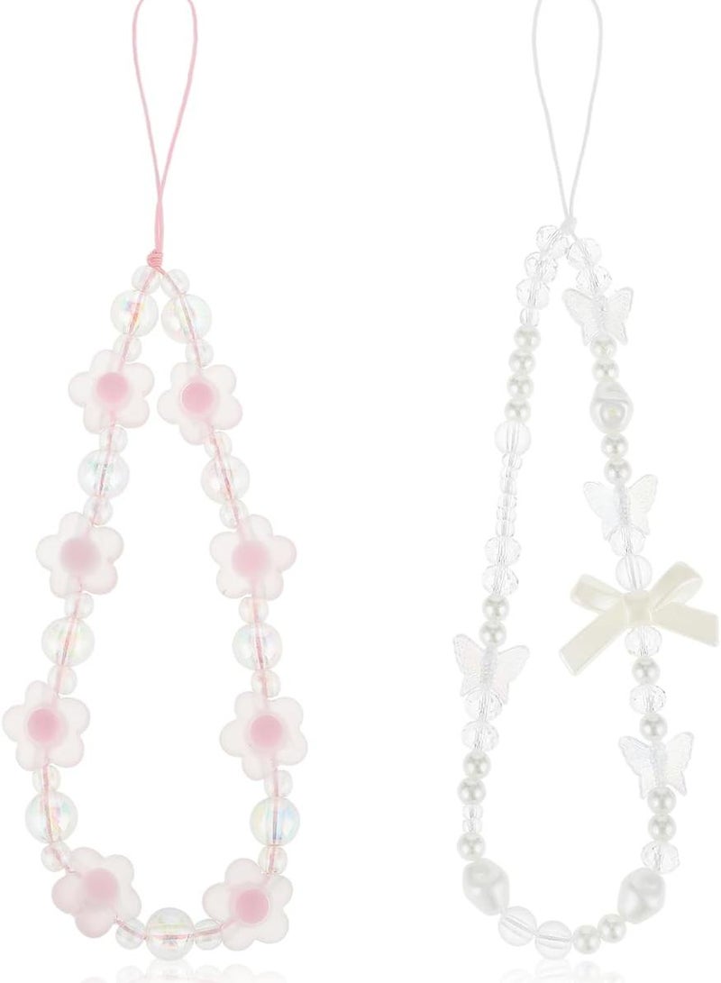 phomemo 2 Pack Beaded Phone Bracelet Strap, Crystal Butterfly Flower Pearl ,Phone Charms Strap, Colorful Acrylic Beaded Phone Charm, Wrist Strap Handmade, Mobile Phone Chain for Women ,Anti-Lost Lanyard - Image 1