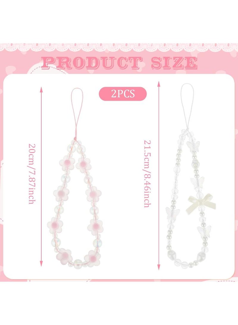 phomemo 2 Pack Beaded Phone Bracelet Strap, Crystal Butterfly Flower Pearl ,Phone Charms Strap, Colorful Acrylic Beaded Phone Charm, Wrist Strap Handmade, Mobile Phone Chain for Women ,Anti-Lost Lanyard - Image 2