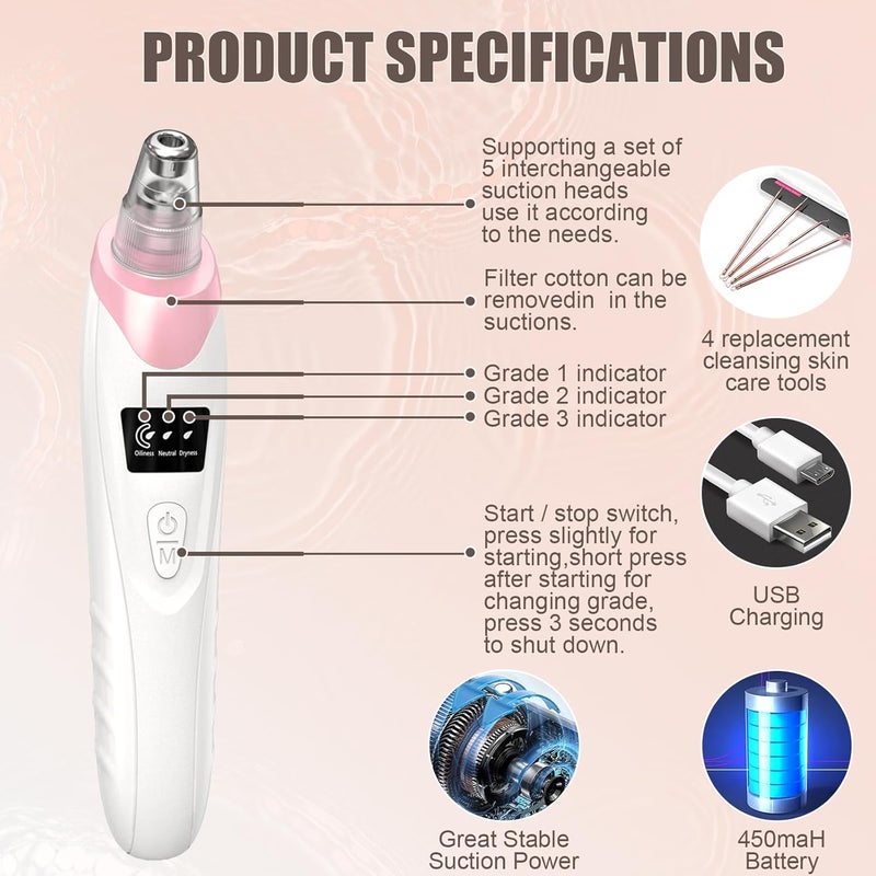 Gackoko 2025 Blackhead Remover Pore Vacuum,Facial Pore Cleaner-5 Suction Power,5 Probes,USB Rechargeable Blackhead Vacuum Kit Electric Acne Extractor Tool for Adult - Image 4