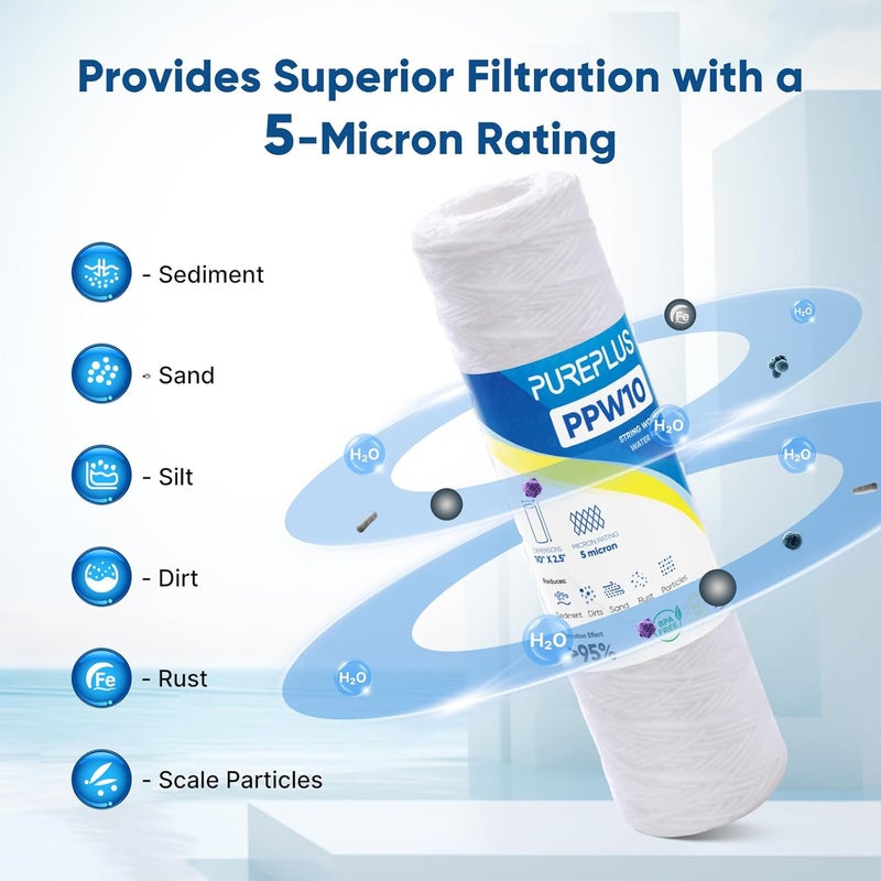 Pure Plus 5 Micron 10"x2.5" Whole House String Wound Sediment Filter for Well Water, Replacement Cartridge for Universal 10 inch RO System, WP-5, Aqua-Pure AP110, CFS110, Culligan P5, WFPFC4002,4Pack - Image 4