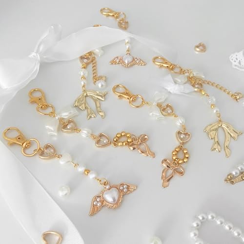 Agromusk Gold Bow Keychain Bag Charms for Women Heart Pearl Beaded Coquette Aesthetic Purse Charms Cute Christmas Gifts(Mirror Mirror) - Image 4