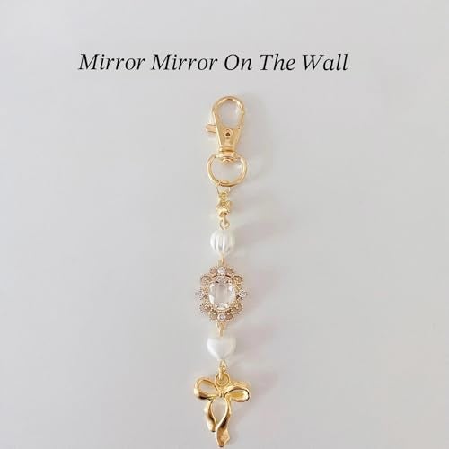 Agromusk Gold Bow Keychain Bag Charms for Women Heart Pearl Beaded Coquette Aesthetic Purse Charms Cute Christmas Gifts(Mirror Mirror) - Image 3