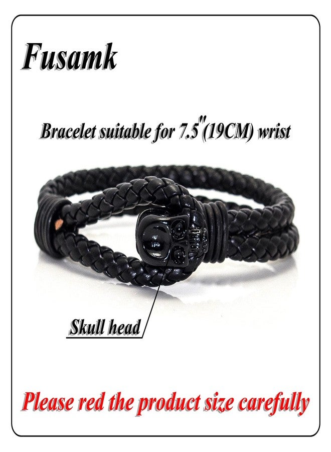 Fusamk Punk Rock Alloy Skull Leather Cuff Bracelet(Black) - Image 2