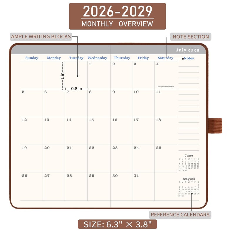 BooQool 2026-2029 Monthly Pocket Planner - JUL 2026 - JUN 2029, 3 Year Calendar, Faux Leather Cover, 3.8" Ã— 6.3", Pen Holder, 2 Bookmarks, Back Pocket - Image 4
