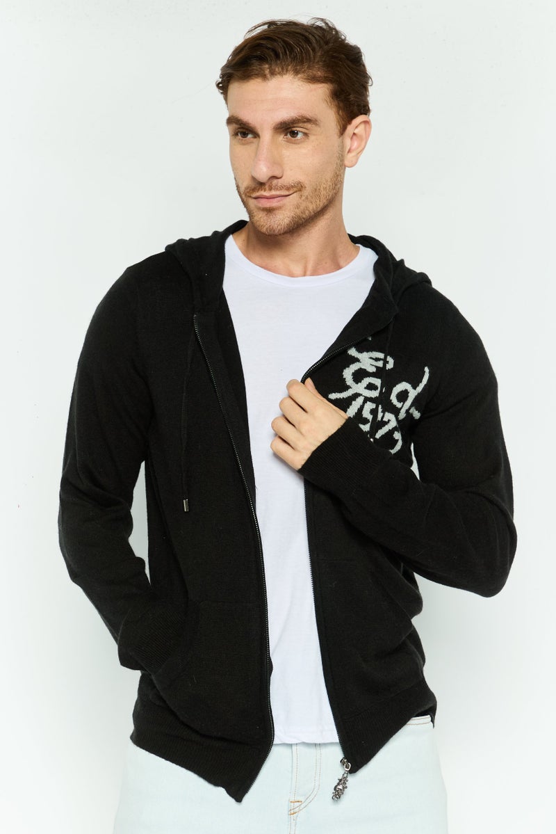 Ed Hardy سويت شيرت رجالي بغطاء رأس بأكمام طويلة بسحاب كامل، أسود - Image 1