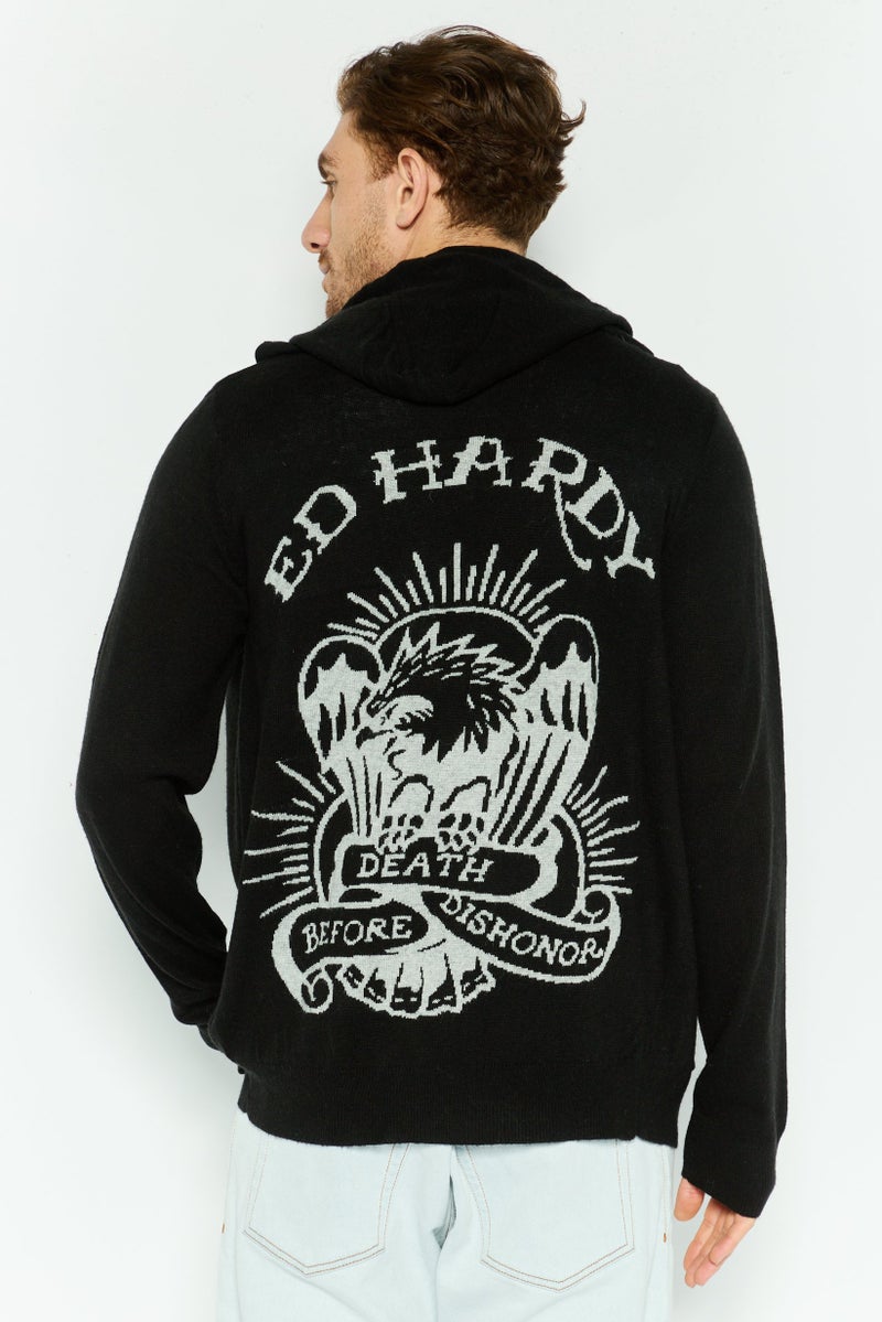 Ed Hardy سويت شيرت رجالي بغطاء رأس بأكمام طويلة بسحاب كامل، أسود - Image 4