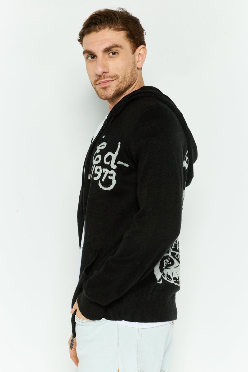 Ed Hardy سويت شيرت رجالي بغطاء رأس بأكمام طويلة بسحاب كامل، أسود - Image 3